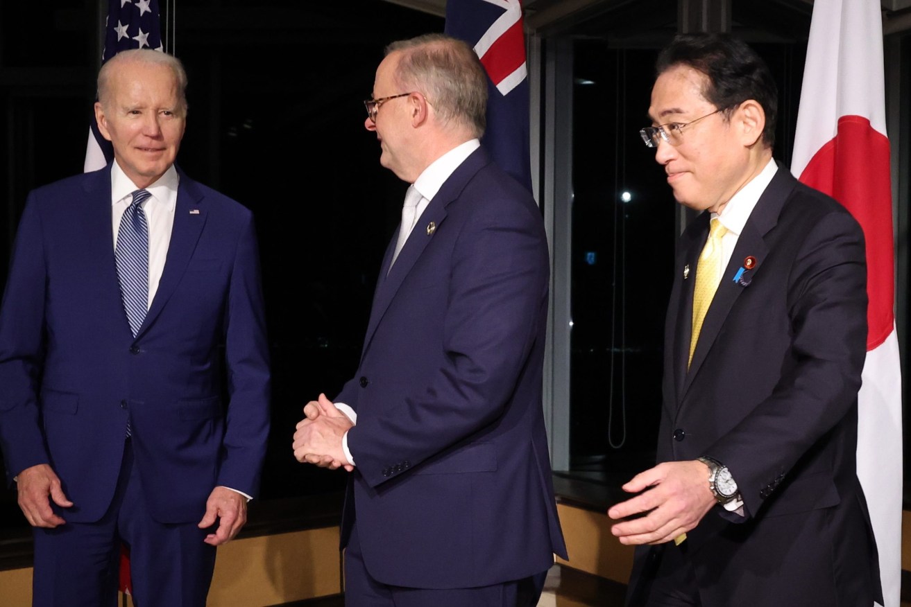 epa10642433 (L-R) US President Joe Biden, Australian Prime Minister Anthony Albanese, Japan’s Prime Minister Fumio Kishida attend a Quad meeting on the sideline of the G7 Hiroshima Summit in Hiroshima, Japan, 20 May 2023 (issued 21 May 2023. The G7 Hiroshima Summit will be held from 19 to 21 May 2023.  EPA/JAPAN POOL JAPAN OUT  EDITORIAL USE ONLY/NO SALES