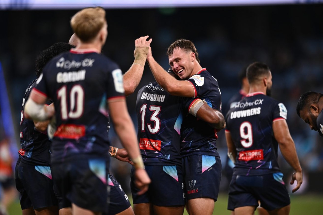 Darby Lancaster of the Rebels celebrates during the Super Rugby Pacific Round 6 match between the New South Wales Waratahs and the Melbourne Rebels at Allianz Stadium in Sydney, Friday, March 29, 2024. (AAP Image/James Gourley) NO ARCHIVING, EDITORIAL USE ONLY
