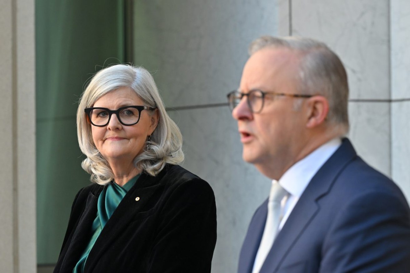 Incoming governor general Sam Mostyn and Prime Minister Anthony Albanese at a press conference at Parliament House in Canberra, Wednesday, April 3, 2024. (AAP Image/Mick Tsikas) 