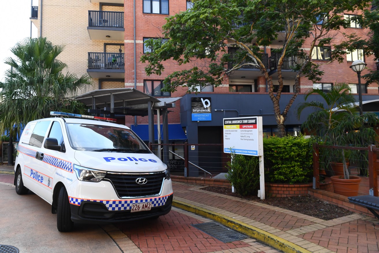 A general view of the Central Brunswick Apartment Hotel, at the scene of an alleged murder in Fortitude Valley, Brisbane, Wednesday, April 3, 2024. A 66-year-old woman has been found dead in a Brisbane unit and a man has been charged with murder. (AAP Image/Jono Searle) NO ARCHIVING