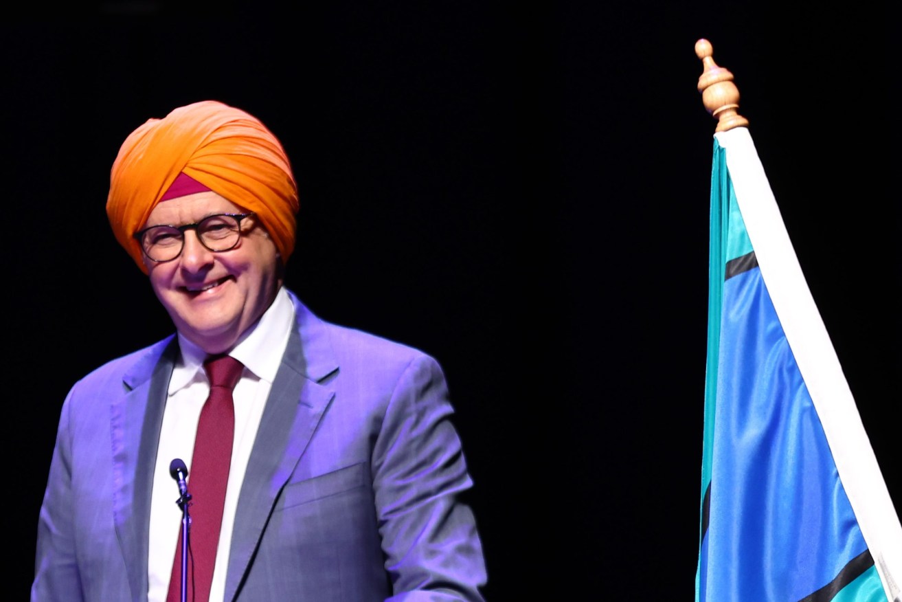 Australian Prime Minister Anthony Albanese speaks on stage during the 10th Anniversary celebrations of Sikh Volunteers Australia, Melbourne, Sunday, April 7, 2024. (AAP Image/ Con Chronis) NO ARCHIVING