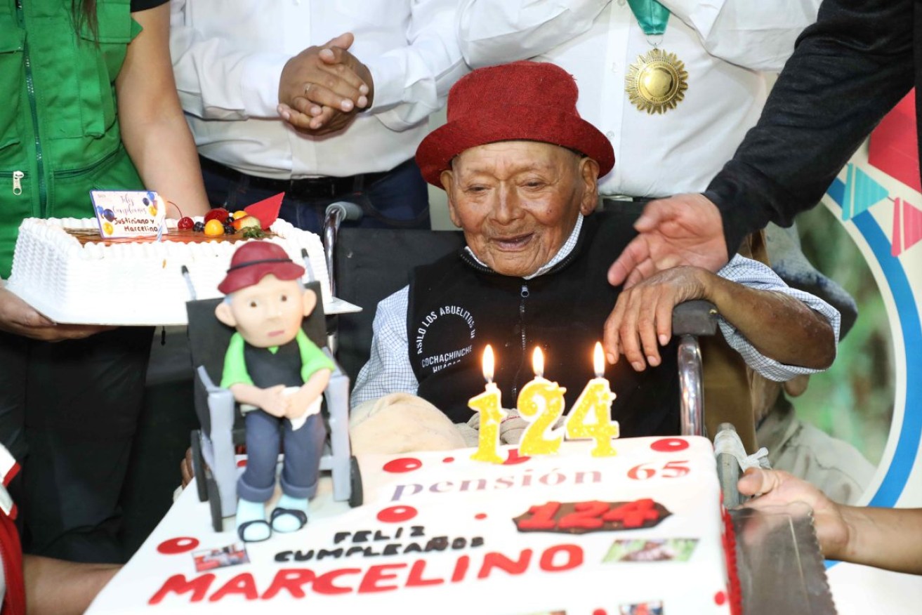  Marcelino Abad celebrating his 124th birthday in Lima, Peru, 08 April 2024. The Ministry of Development and Social Inclusion of Peru reported that it is taking steps to present the case of Abad to the Guinness Record, so that he can be recognized as the oldest person in the world.  Until now, the oldest man in the world was Venezuelan Juan Vicente Perez, who died in 2022 at the age of 114, and currently, the oldest is Englishman John Tinniswood, at 111 years and 223 days. Holding the record for the woman and the oldest person in the world is Spanish Maria Branyas Moreira, who has just turned 117 years old.  EPA/Ministry of Development and Inclusion.