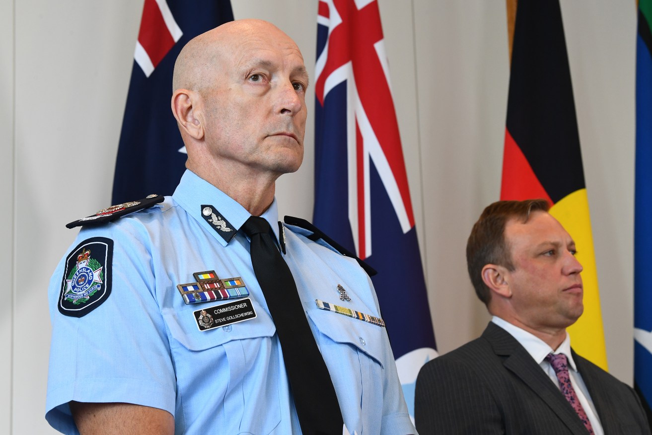 Newly appointed Queensland Police Commissioner Steve Gollschewski, and Queensland Premier Steven Miles look on at a press conference in Brisbane, Monday, April 22, 2024. Veteran Queensland Police officer Steve Gollschewski, who has been acting commissioner since Katarina Carroll's departure, will keep the top job. (AAP Image/Jono Searle) 