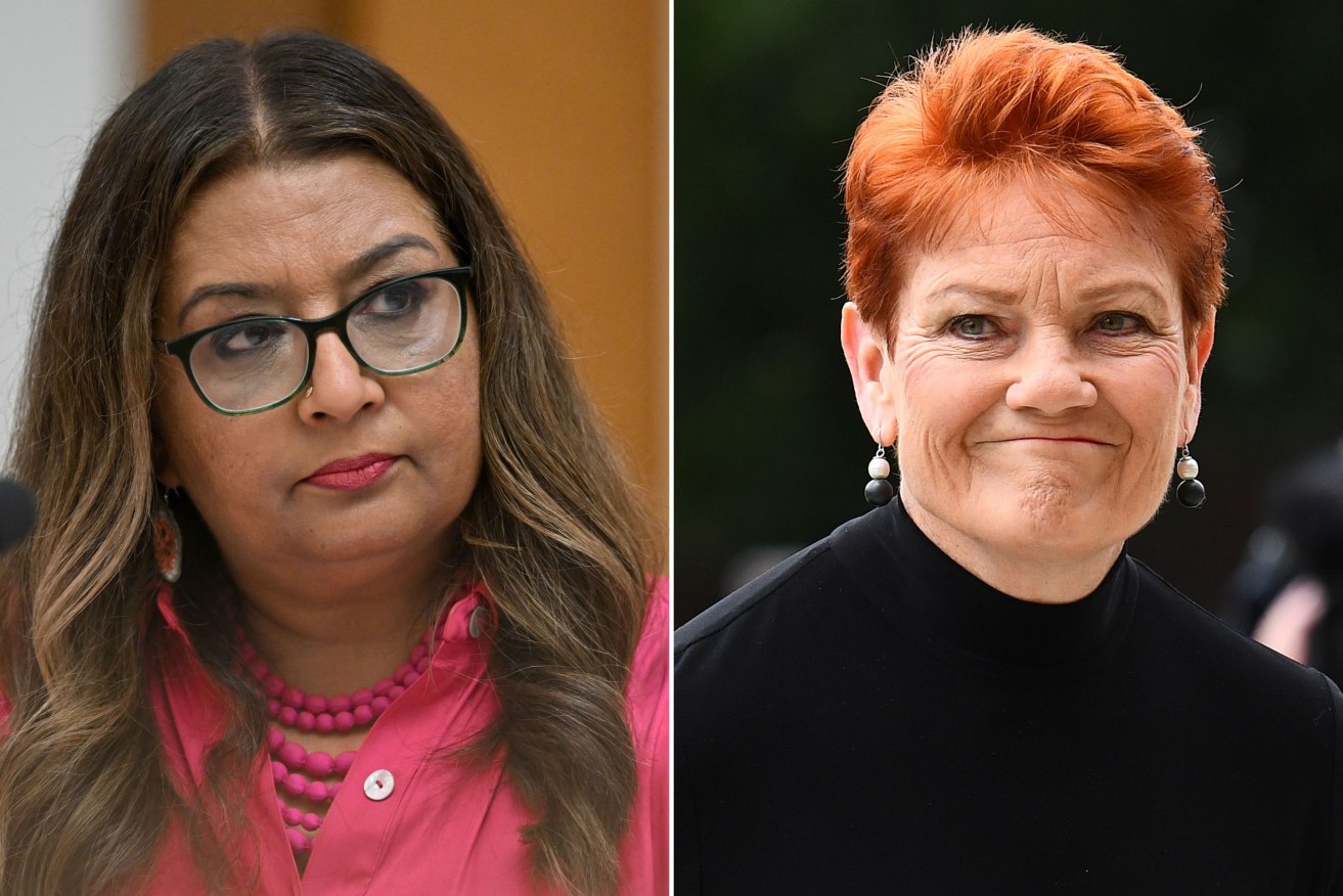 A DIPTYCH IMAGE CREATED ON Friday, April 26, 2024 OF ***Australian Greens Senator Mehreen Faruqi speaks during Senate estimates at Parliament House in Canberra, Tuesday, February 13, 2024. (AAP Image/Lukas Coch) NO ARCHIVING ***Senator Pauline Hanson arrives during a state funeral for Bill Hayden at St Mary's Catholic Church, in Ipswich, QLD, Friday, November 3, 2023. Former governor-general, Labor leader and architect of universal healthcare Bill Hayden is set to be farewelled at a state funeral. (AAP Image/Jono Searle) NO ARCHIVING.
