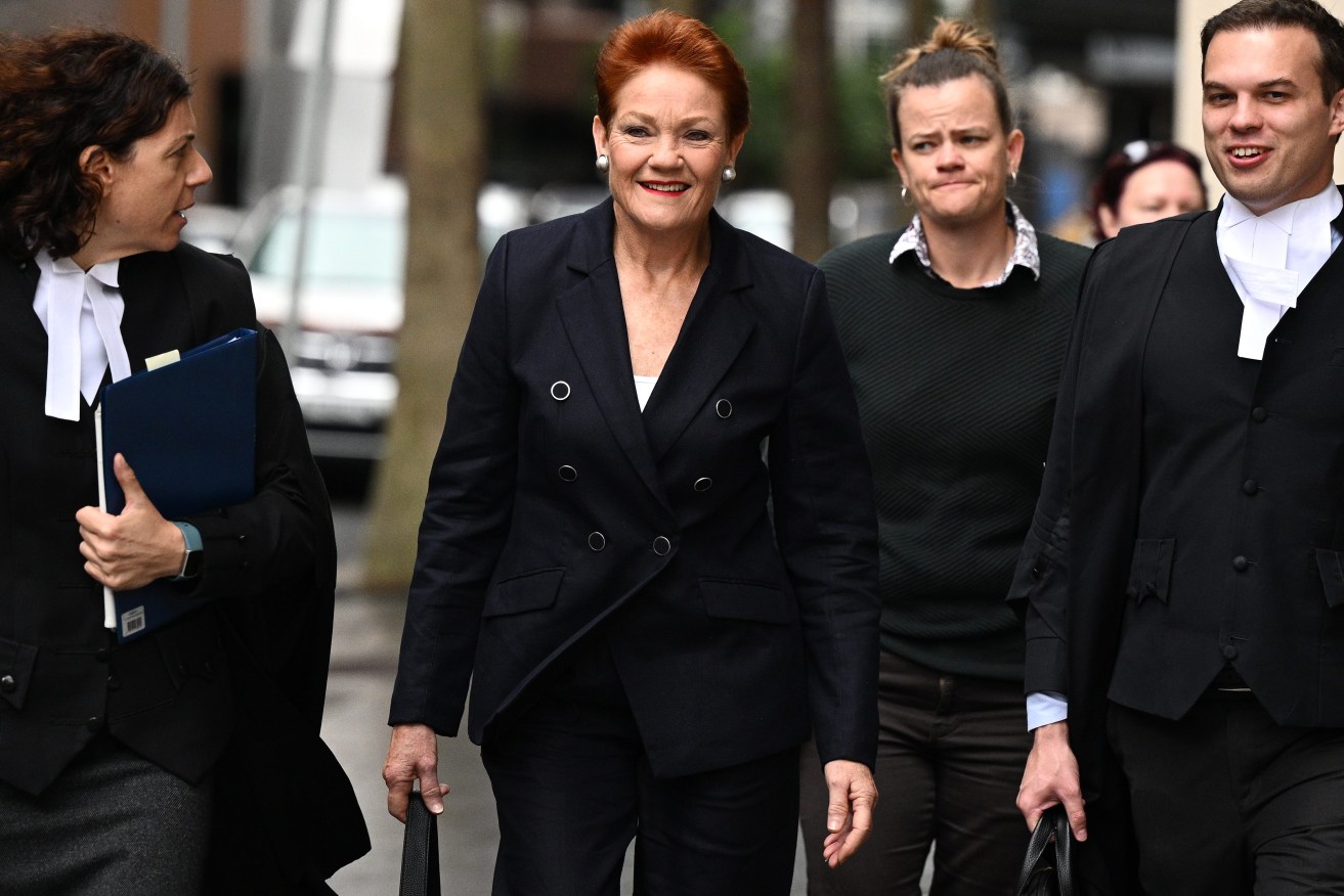 Pauline Hanson (centre) arrives at the Federal Court of Australia in Sydney, Tuesday, April 30, 2024. (AAP Image/Dan Himbrechts) NO ARCHIVING