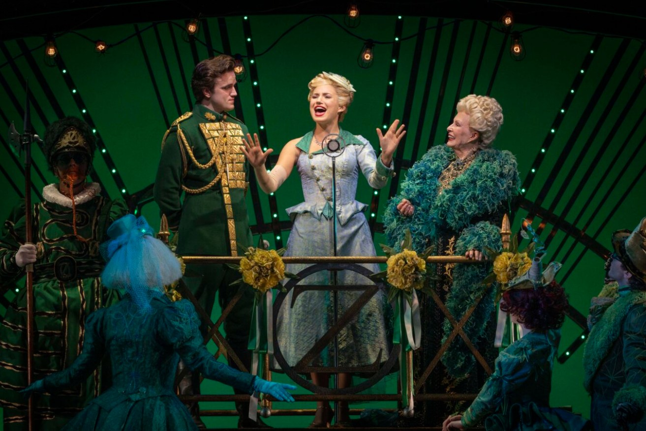 Liam Head, Courtney Monsma and Robyn Nevin star in Wicked, which returns to QPAC in September. Photo: Jeff Busby