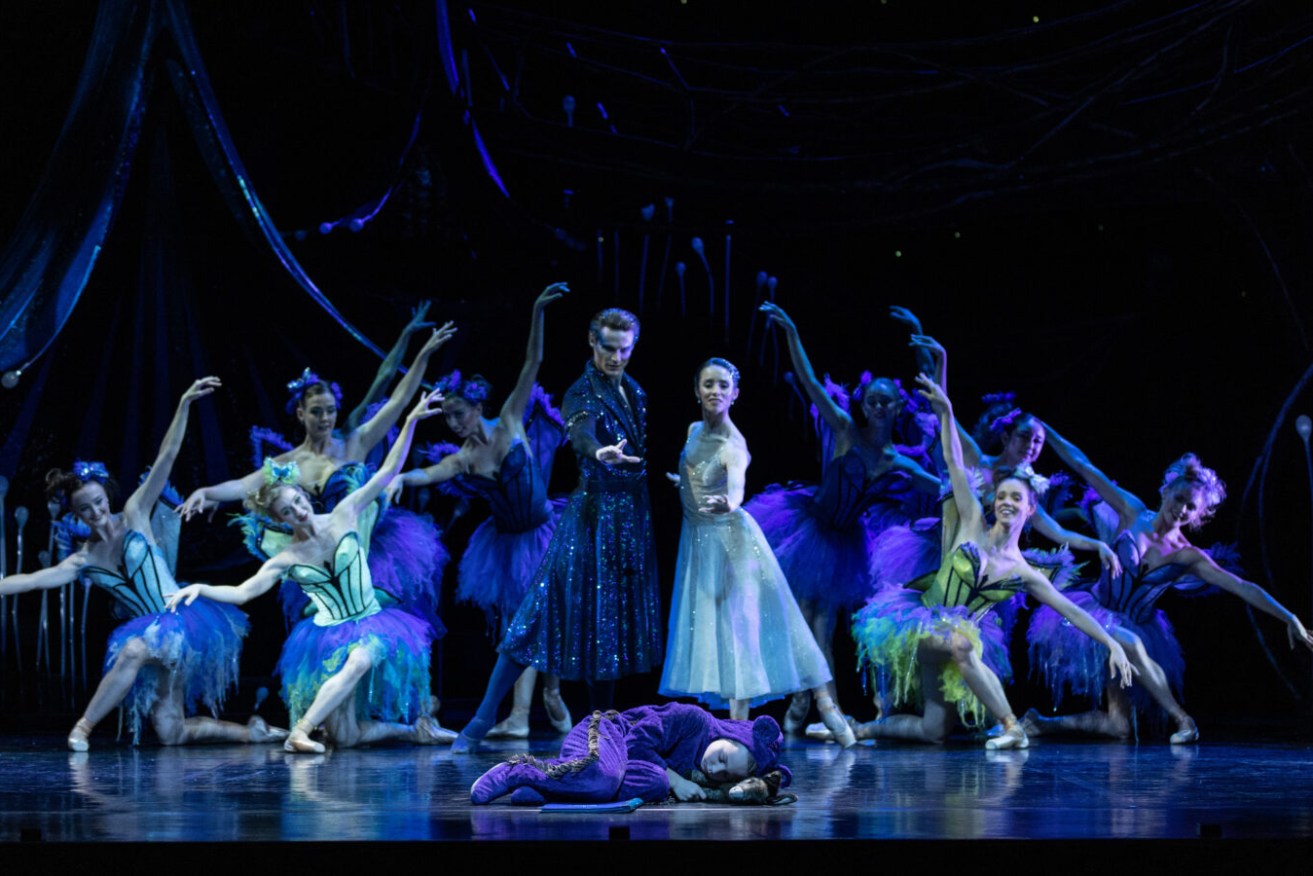 Queensland Ballet principals Joel Woellner (Oberon) and Lucy Green (Titania) with the cast of A Midsummer Night's Dream. Photo: David Kelly