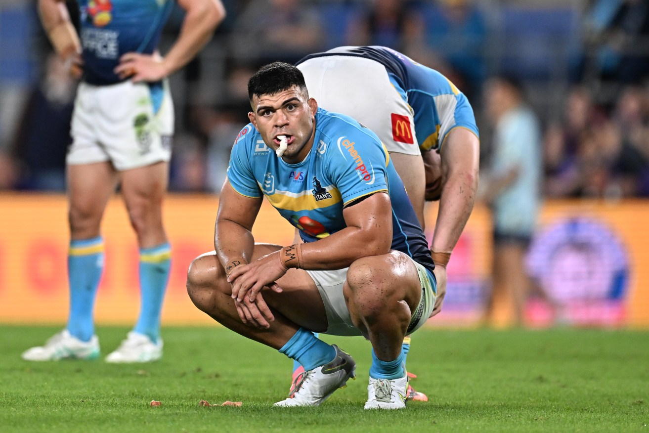 David Fifita of the Titans reacts following the NRL Round 9 match between the Gold Coast Titans and the Melbourne Storm at Cbus Super Stadium on the Gold Coast, Saturday, May 4, 2024. (AAP Image/Dave Hunt) NO ARCHIVING, EDITORIAL USE ONLY