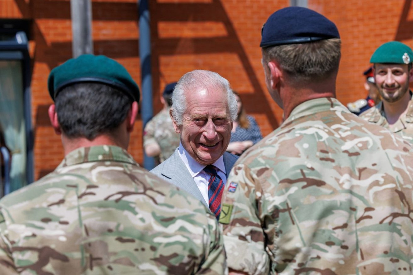 Britain's King Charles visits the 3 Royal School of Military Engineering (RSME), the training base for the Army's Royal Engineers, in Minley, Britain, May 9, 2024. Jonathan Buckmaster/Pool via REUTERS