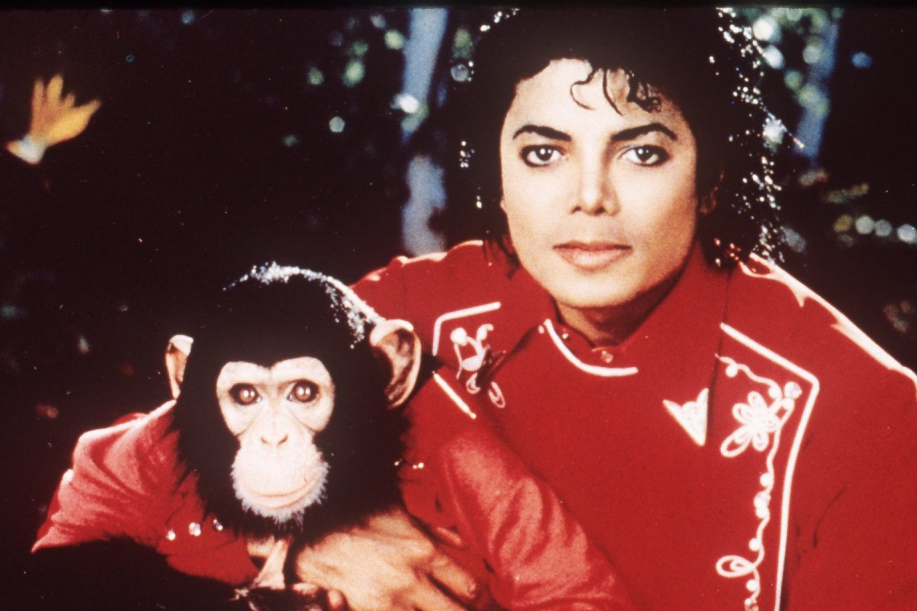 Michael Jackson is seen in this undated photo with his pet chimp Bubbles and a bulldog. (AP Photo/File)